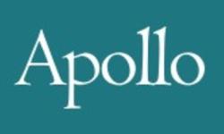 A white lyre and the word 'Apollo' on a teal background