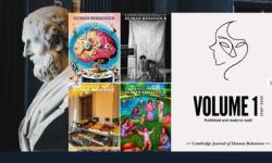 An image from the website of the Cambridge Journal of Human Behaviour. It shows marble busts stretching into the distance on the left and journal covers to the right.