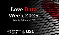 Love Data Week 2025 poster - white and red text on black background. Includes a love-heart of binary code in red text. 