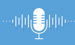 Graphic of a white podcast microphone on a sky blue background