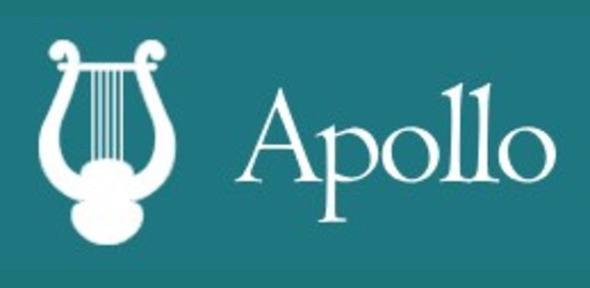 A white lyre and the word 'Apollo' on a teal background