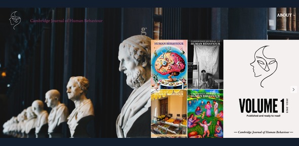 An image from the website of the Cambridge Journal of Human Behaviour. It shows marble busts stretching into the distance on the left and journal covers to the right.